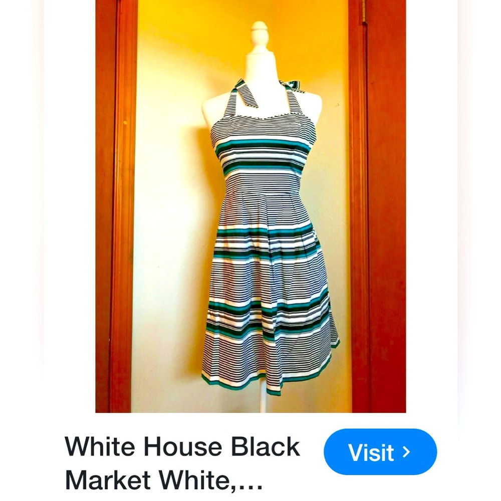 WHITE House Black Market-Striped Halter Neck A-line dress. Side zipper.